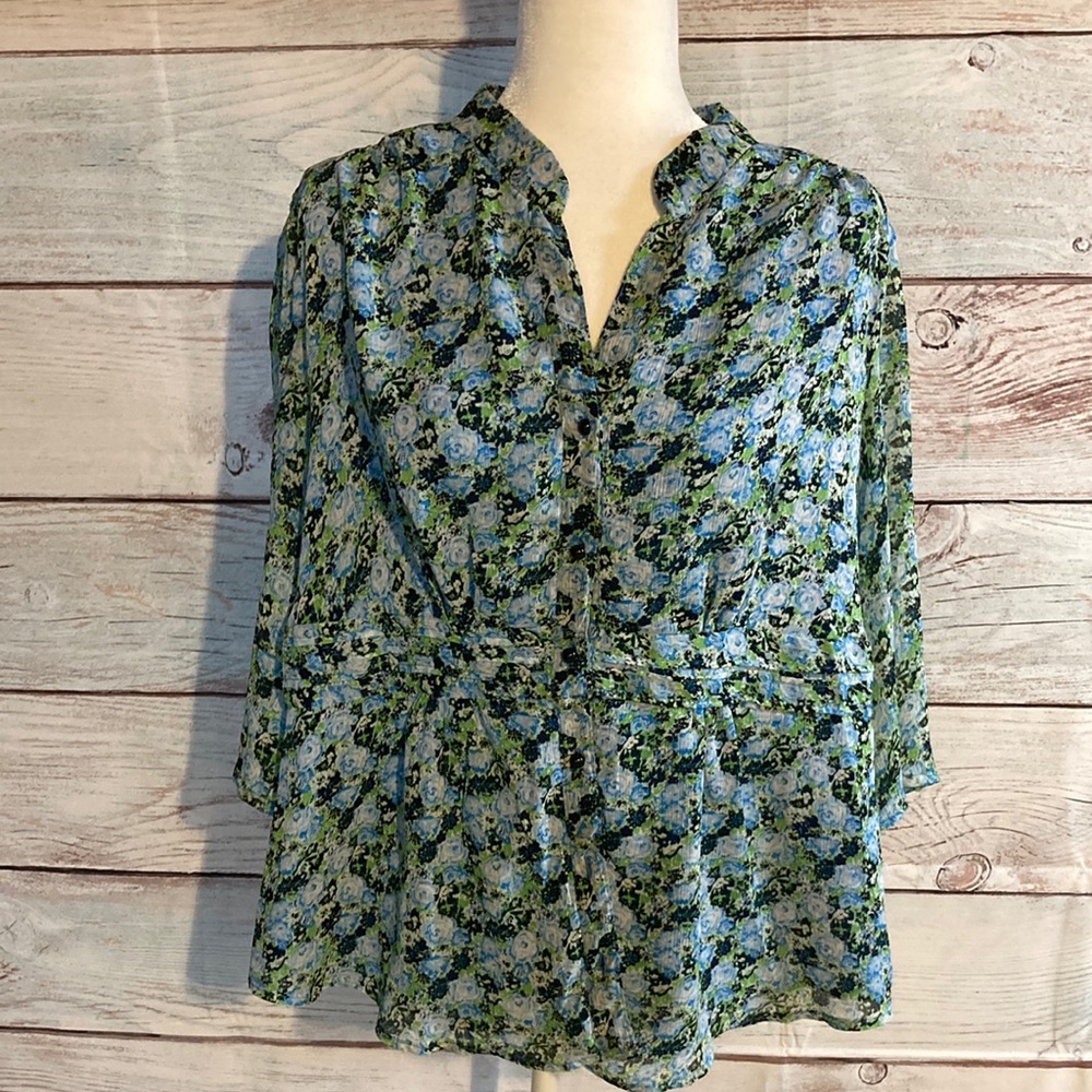 1X blue and green floral button down blouse by Dress Barn. 3/4 be…
